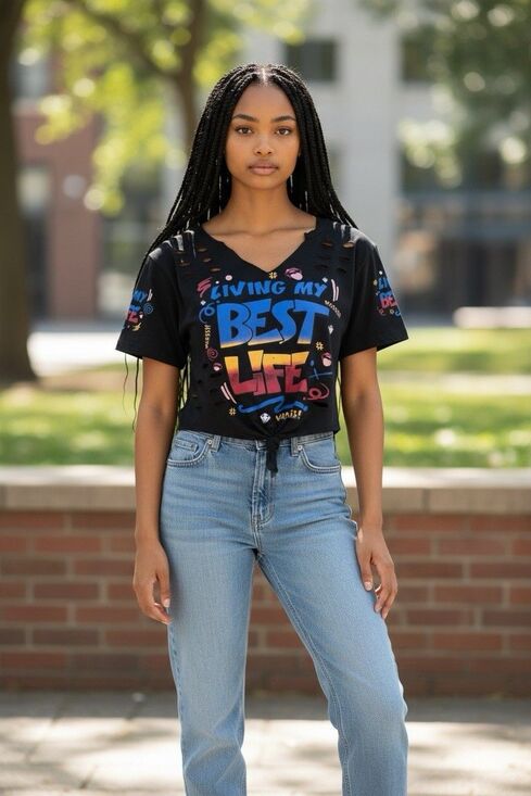 On Fire Tops - On Fire Women’s Graphic Crop Top Multicolor Size M Living My Best Life Casual
